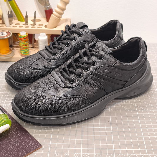 Handmade Genuine Ostrich Leather Sneakers, All-Black Sleek Design