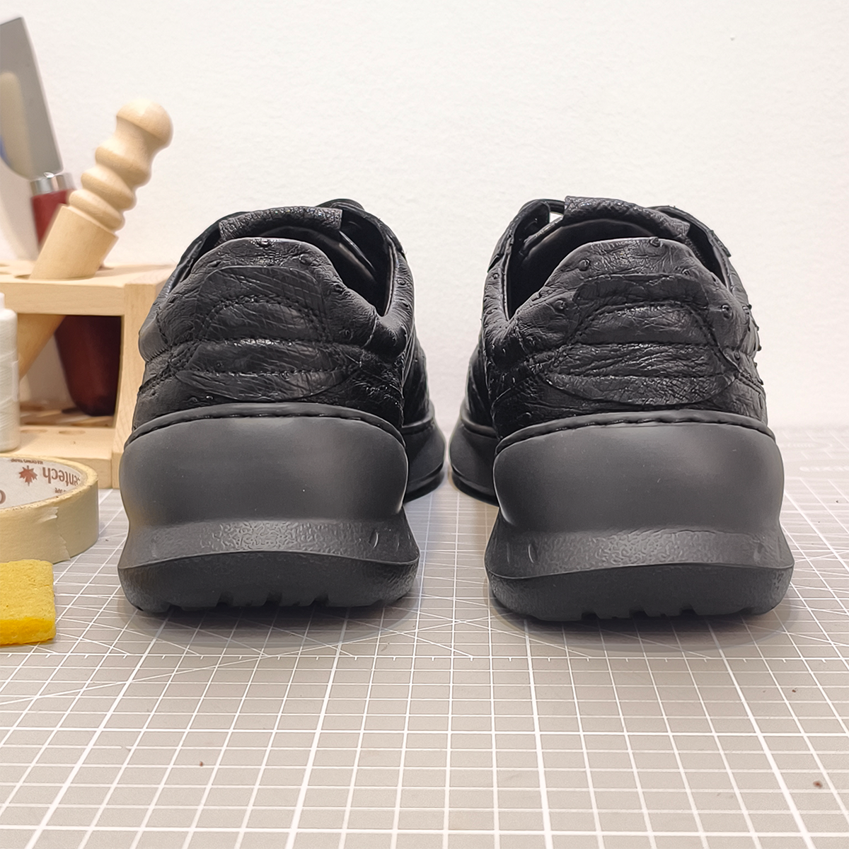 Handmade Genuine Ostrich Leather Sneakers, All-Black Sleek Design