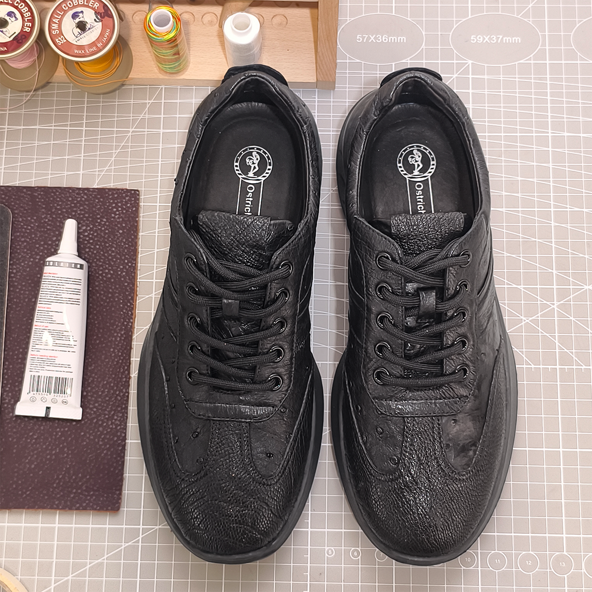 Handmade Genuine Ostrich Leather Sneakers, All-Black Sleek Design