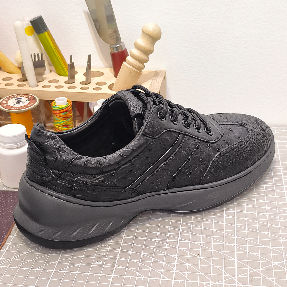 Handmade Genuine Ostrich Leather Sneakers, All-Black Sleek Design