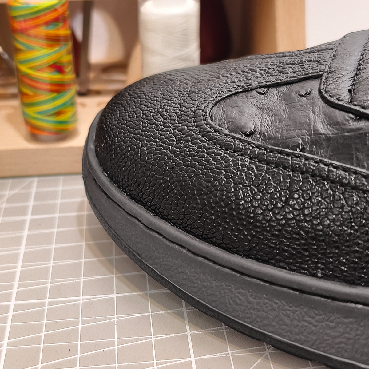 Handmade Genuine Ostrich Leather Sneakers, All-Black Sleek Design