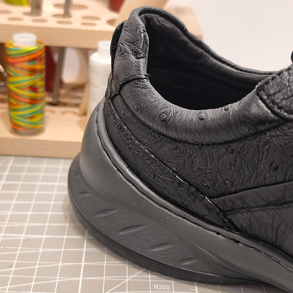 Handmade Genuine Ostrich Leather Sneakers, All-Black Sleek Design
