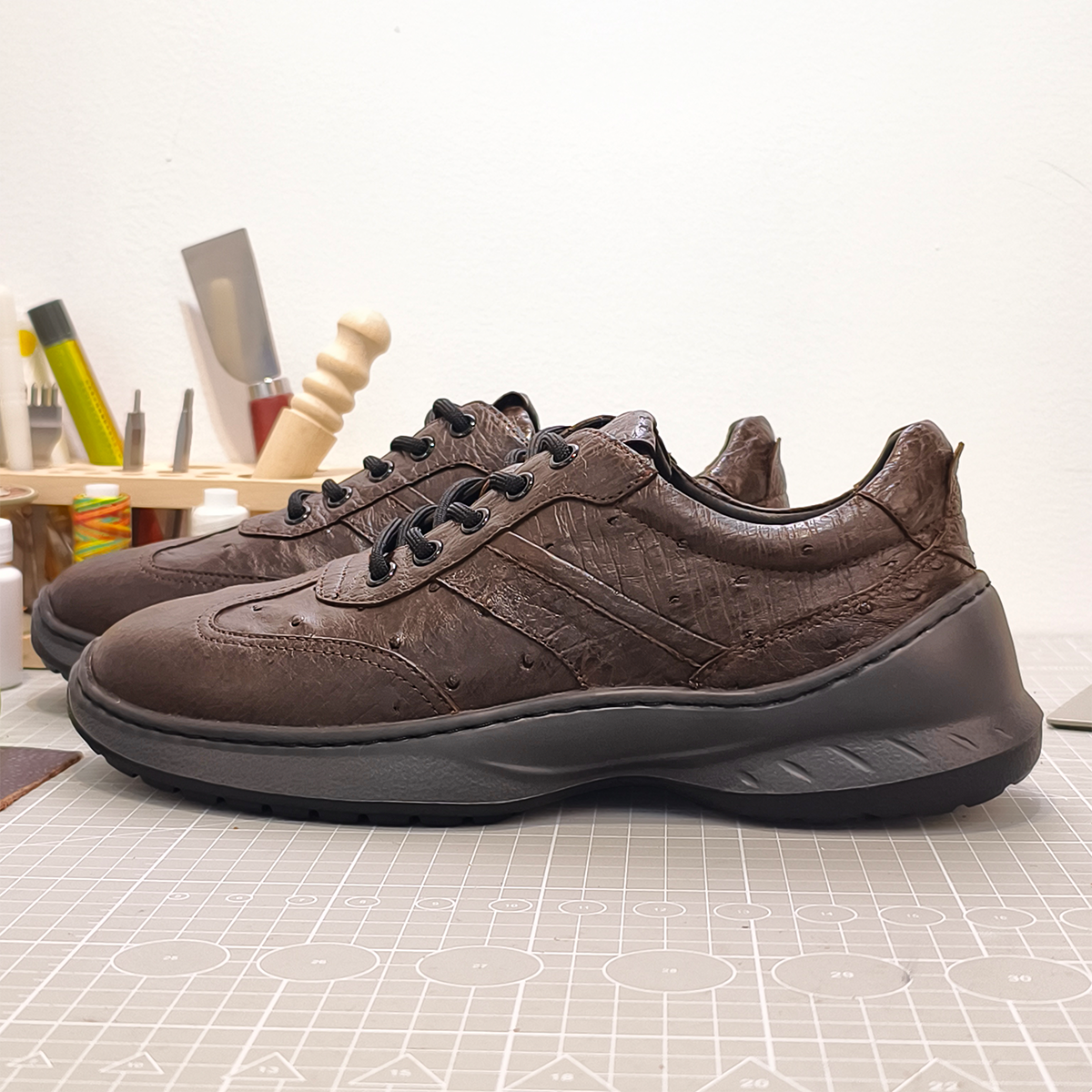 Handmade Genuine Ostrich Leather Sneakers, Rich Brown Luxe Design Shoes