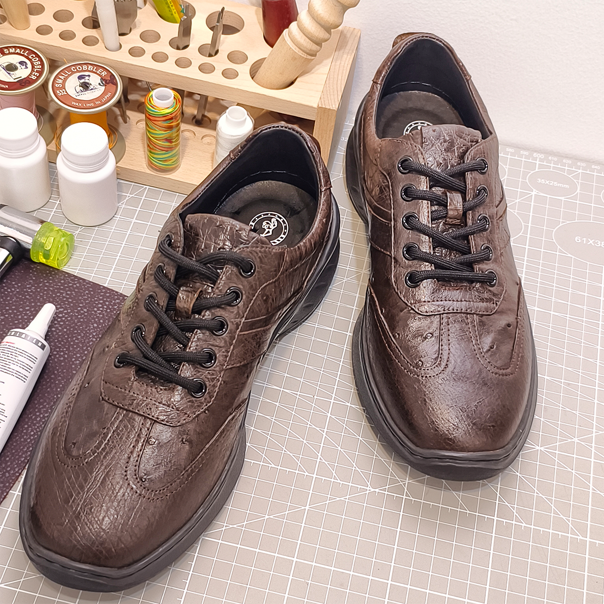Handmade Genuine Ostrich Leather Sneakers, Rich Brown Luxe Design Shoes
