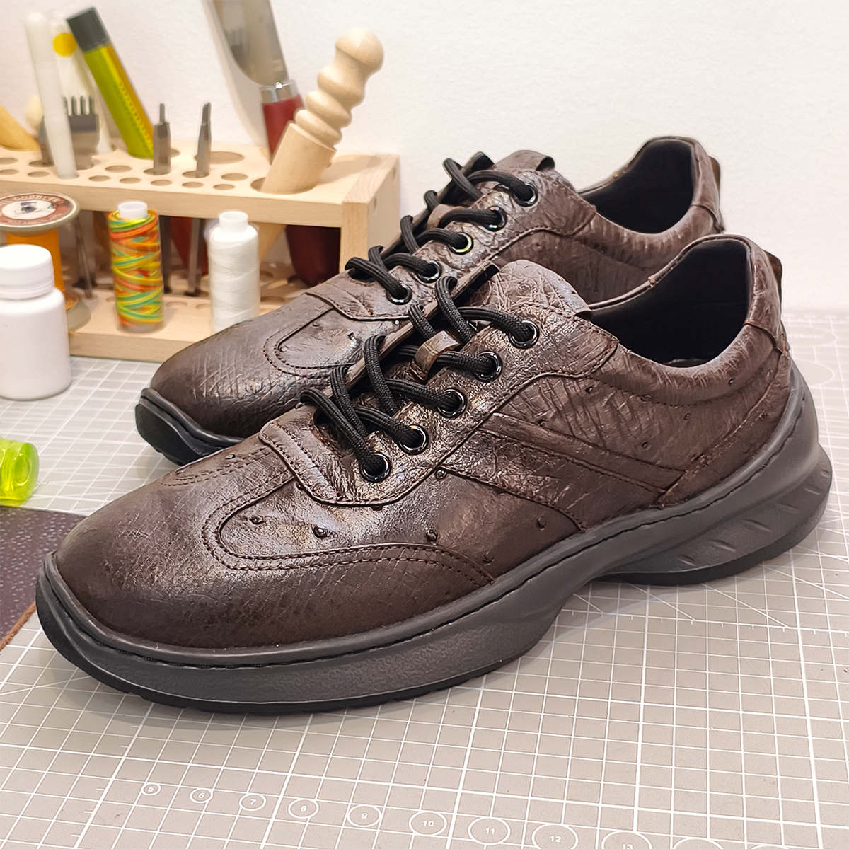 Handmade Genuine Ostrich Leather Sneakers, Rich Brown Luxe Design Shoes