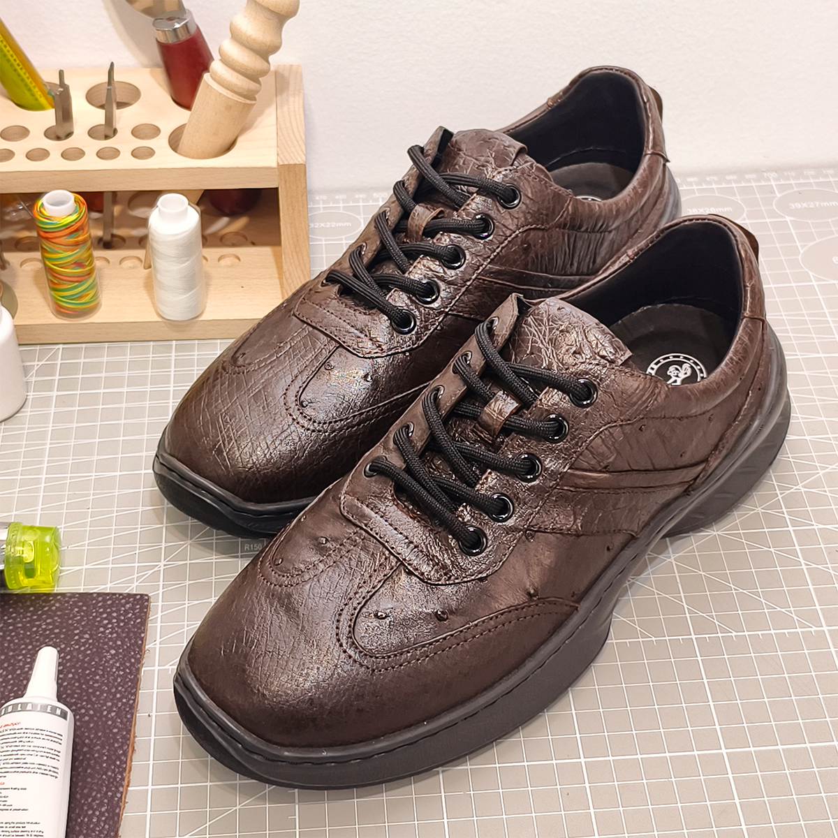 Handmade Genuine Ostrich Leather Sneakers, Rich Brown Luxe Design Shoes
