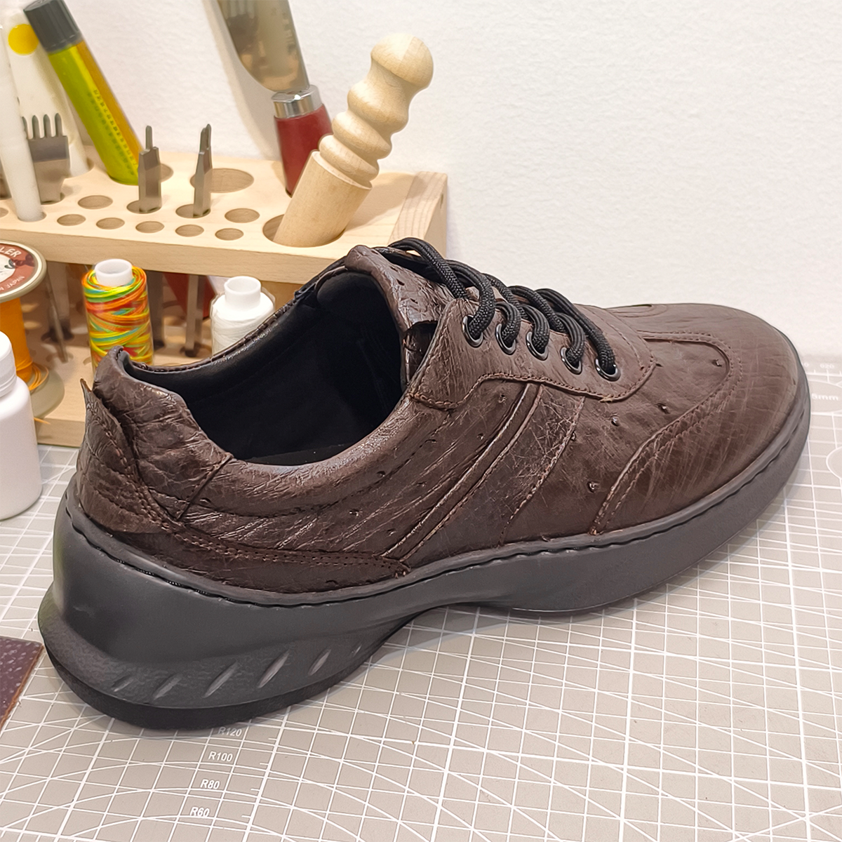 Handmade Genuine Ostrich Leather Sneakers, Rich Brown Luxe Design Shoes