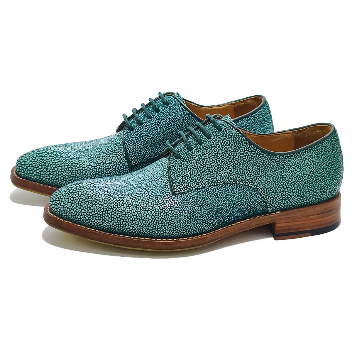 Handmade Genuine Stingray Leather Oxford Shoes, Vibrant Teal with Real Leather Sole
