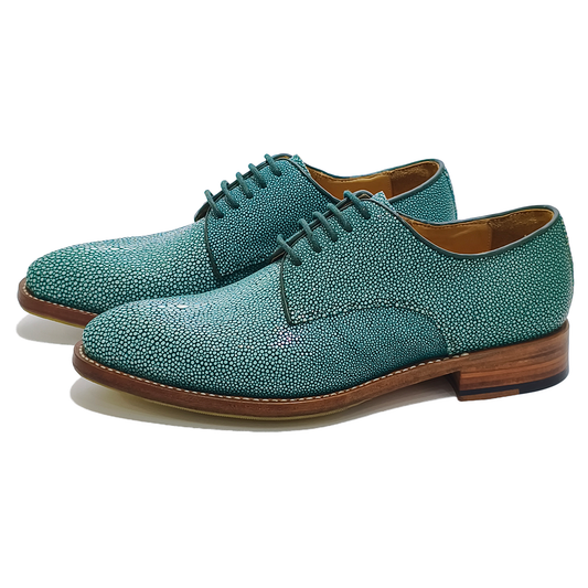 Handmade Genuine Stingray Leather Oxford Shoes, Vibrant Teal with Real Leather Sole