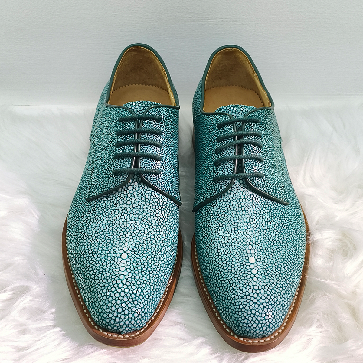Handmade Genuine Stingray Leather Oxford Shoes, Vibrant Teal with Real Leather Sole