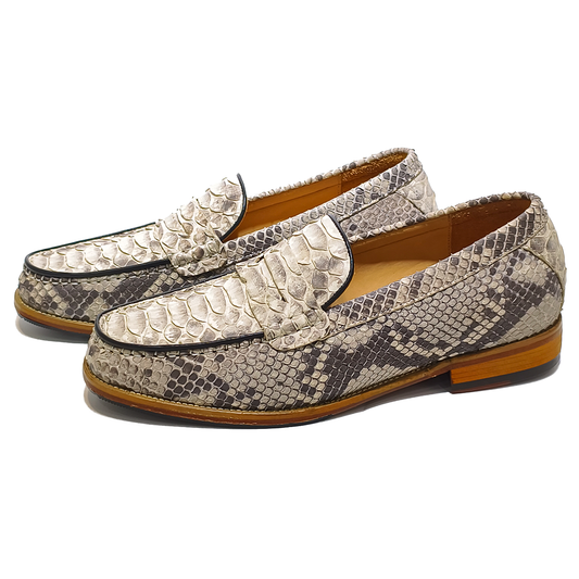 Handmade Genuine Python Leather Loafers, Natural Gray-White Scale Pattern with Real Leather Sole