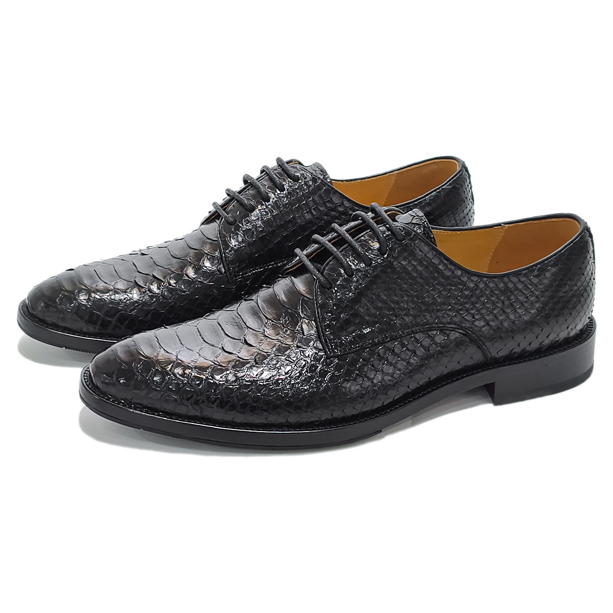 Handmade Genuine Python Leather Oxford Shoes, Glossy Black with Real Leather Sole