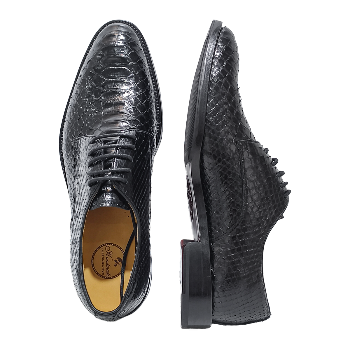 Handmade Genuine Python Leather Oxford Shoes, Glossy Black with Real Leather Sole