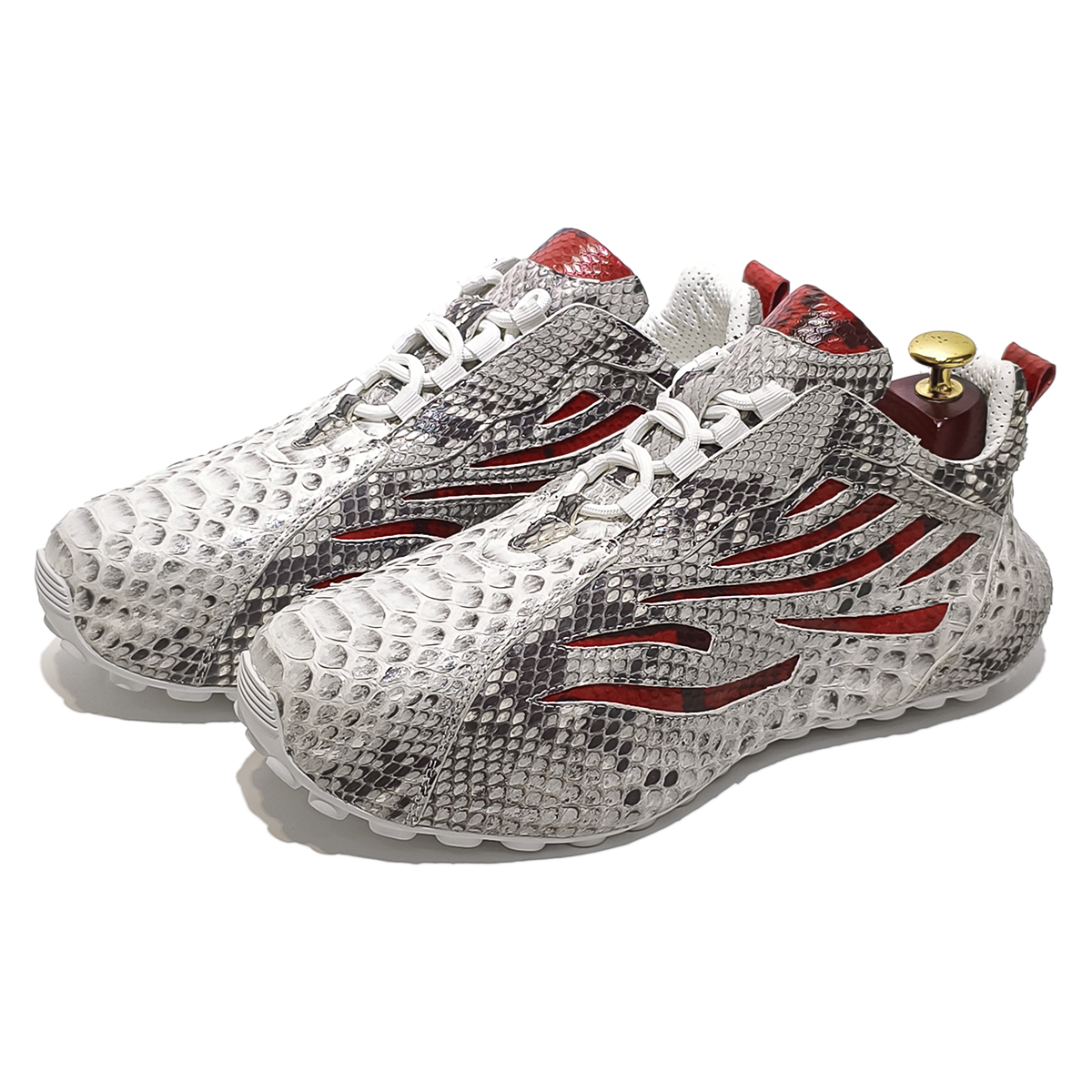 Handmade Genuine Python Leather Sneakers, White-Gray with Red Accents & Ultra-Light Sole