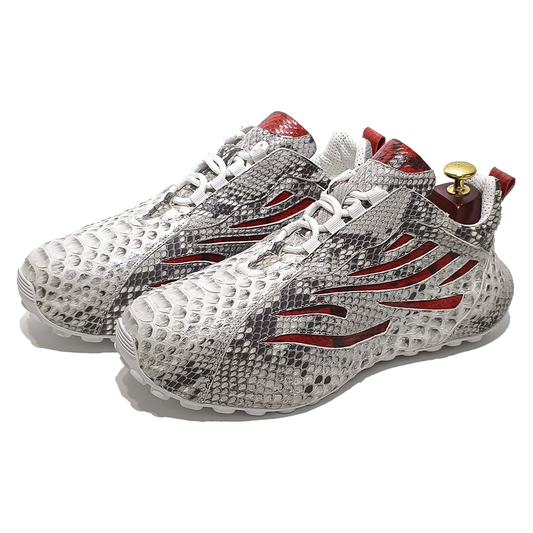 Handmade Genuine Python Leather Sneakers, White-Gray with Red Accents & Ultra-Light Sole