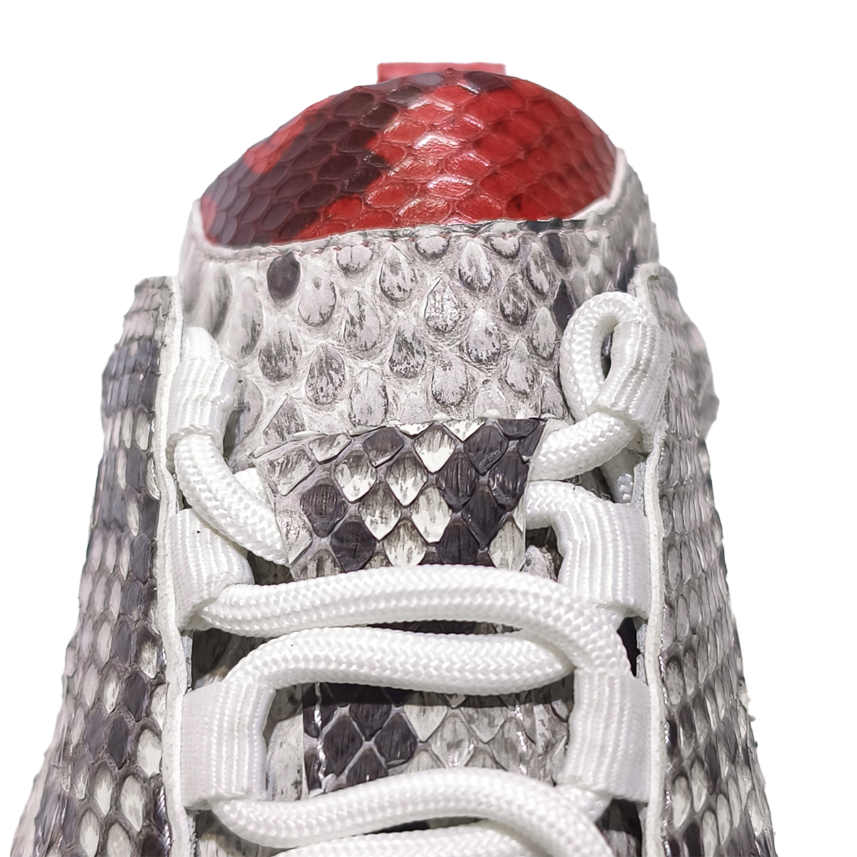 Handmade Genuine Python Leather Sneakers, White-Gray with Red Accents & Ultra-Light Sole