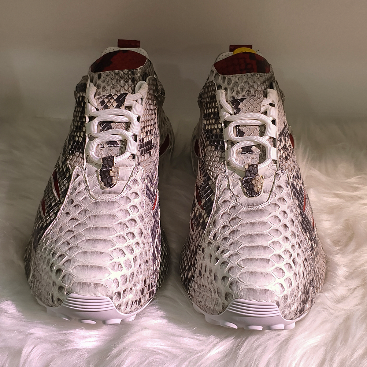 Handmade Genuine Python Leather Sneakers, White-Gray with Red Accents & Ultra-Light Sole