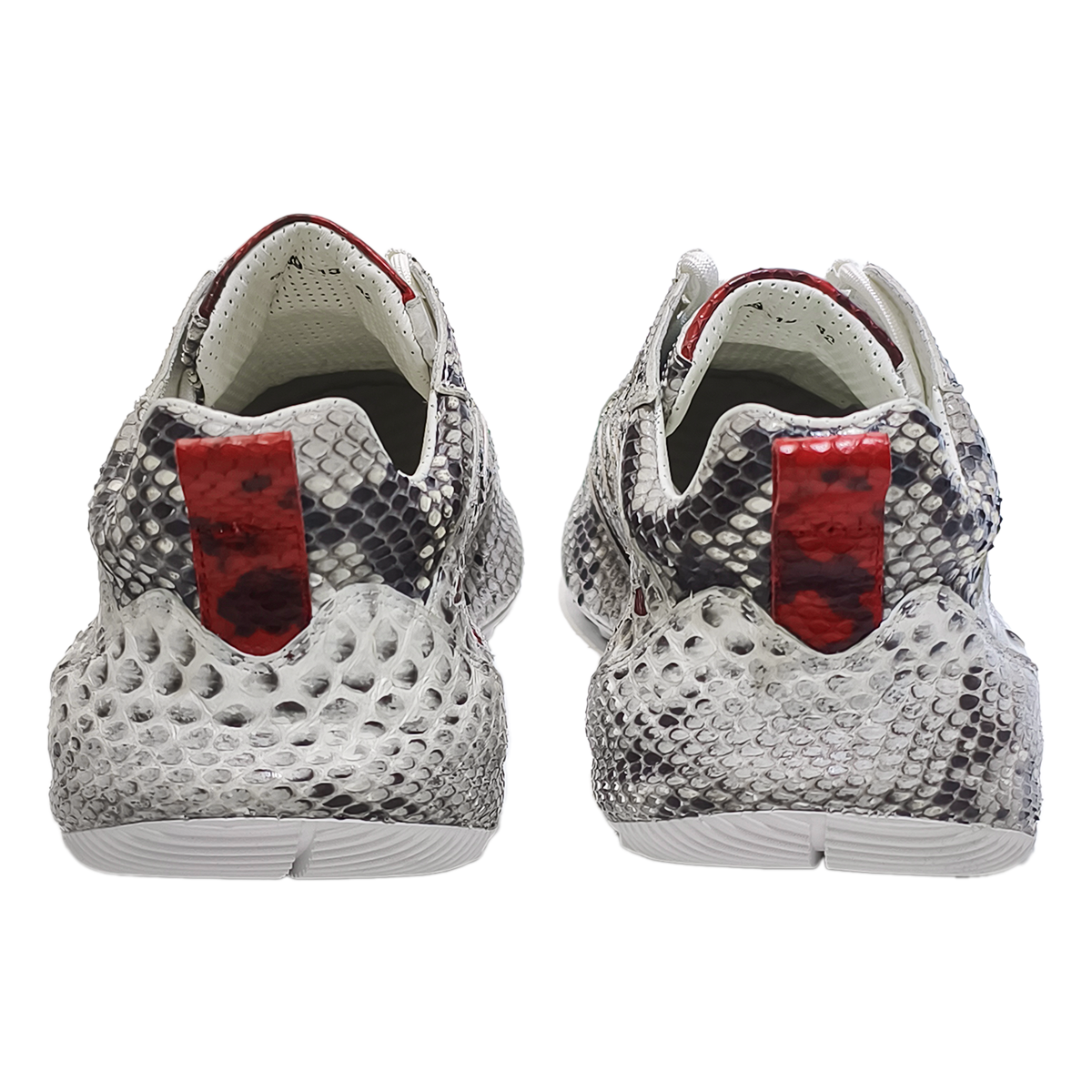 Handmade Genuine Python Leather Sneakers, White-Gray with Red Accents & Ultra-Light Sole