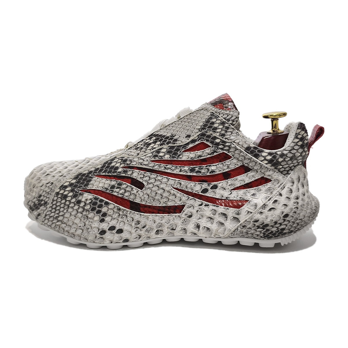 Handmade Genuine Python Leather Sneakers, White-Gray with Red Accents & Ultra-Light Sole