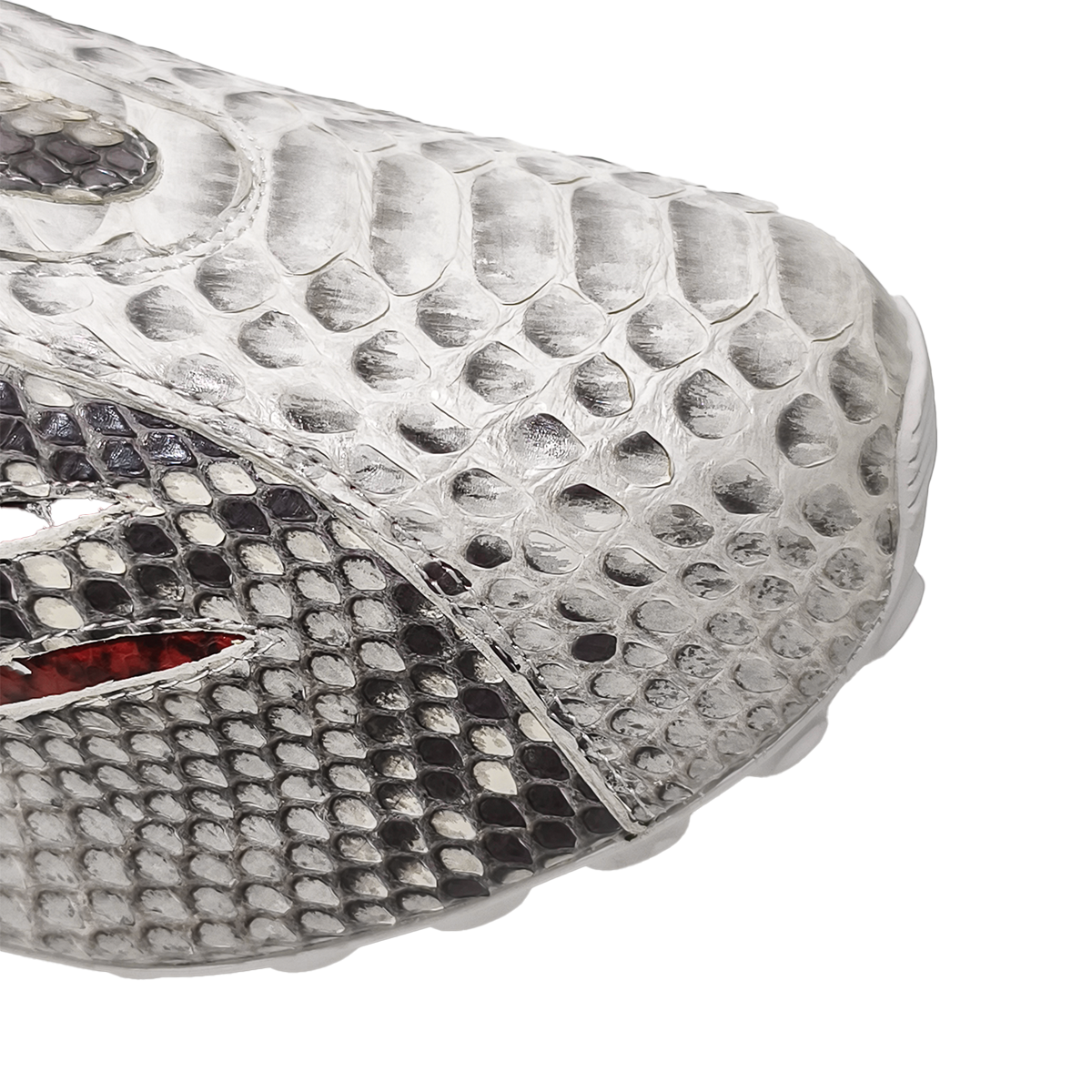 Handmade Genuine Python Leather Sneakers, White-Gray with Red Accents & Ultra-Light Sole