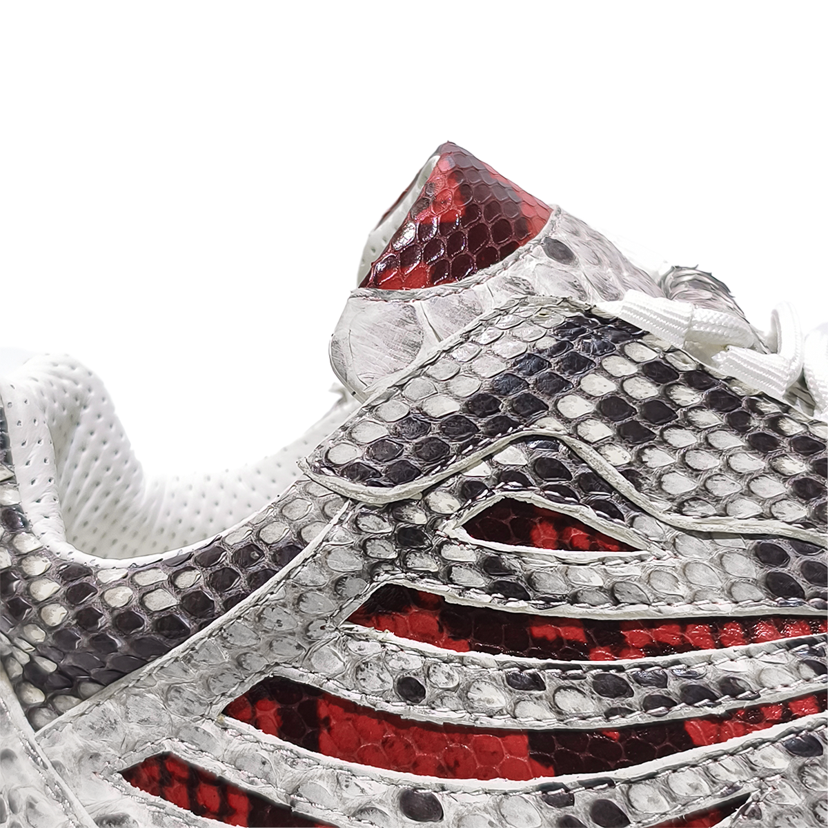 Handmade Genuine Python Leather Sneakers, White-Gray with Red Accents & Ultra-Light Sole