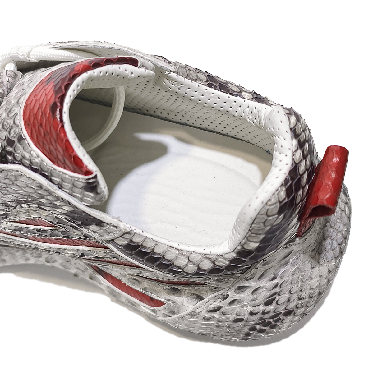 Handmade Genuine Python Leather Sneakers, White-Gray with Red Accents & Ultra-Light Sole