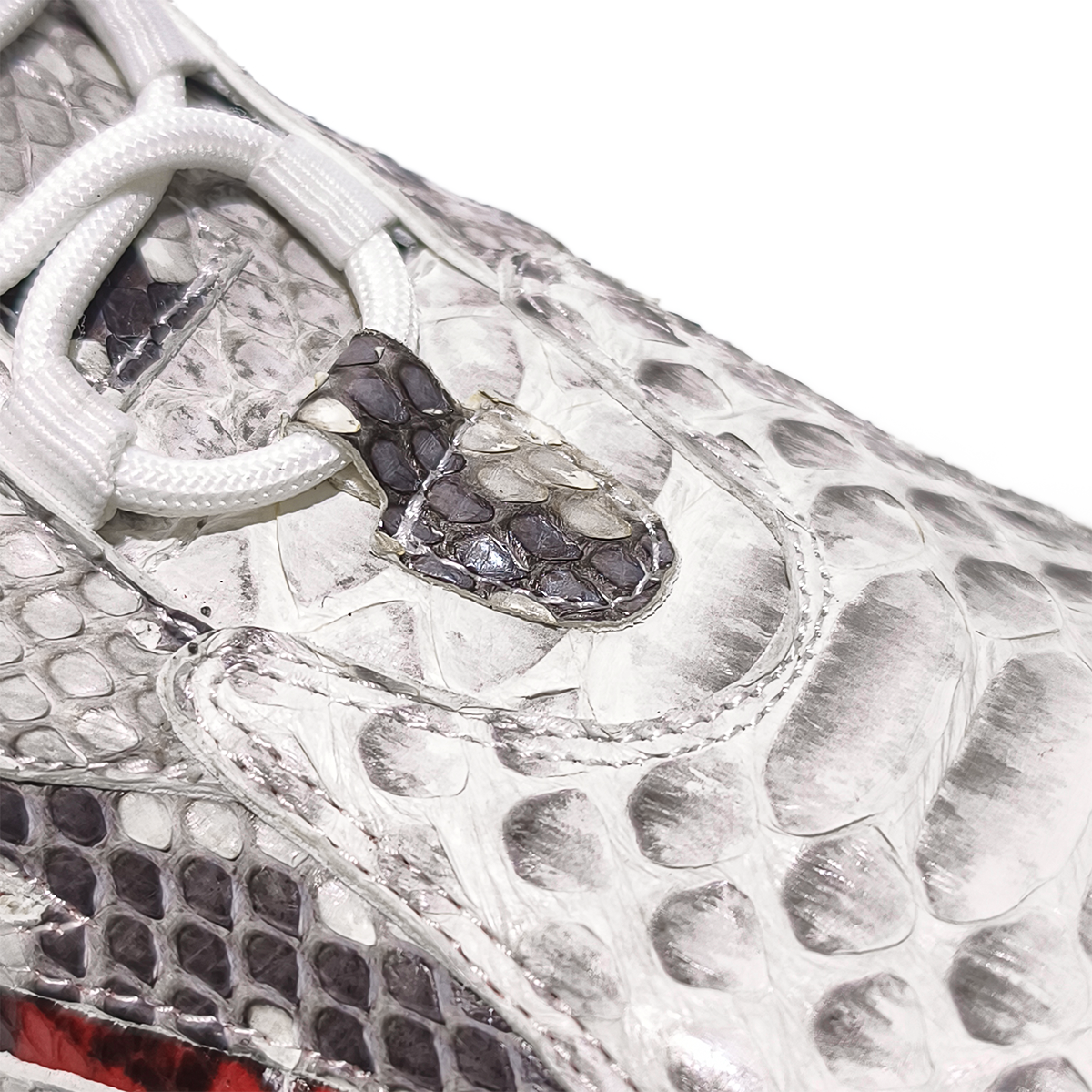 Handmade Genuine Python Leather Sneakers, White-Gray with Red Accents & Ultra-Light Sole