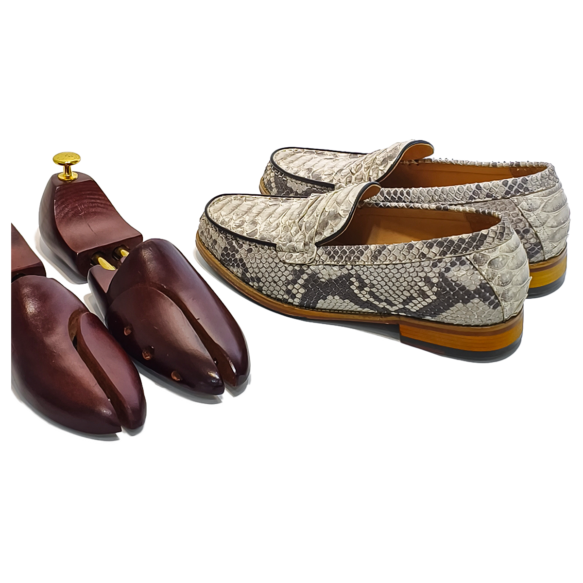 Handmade Genuine Python Leather Loafers, Natural Gray-White Scale Pattern with Real Leather Sole