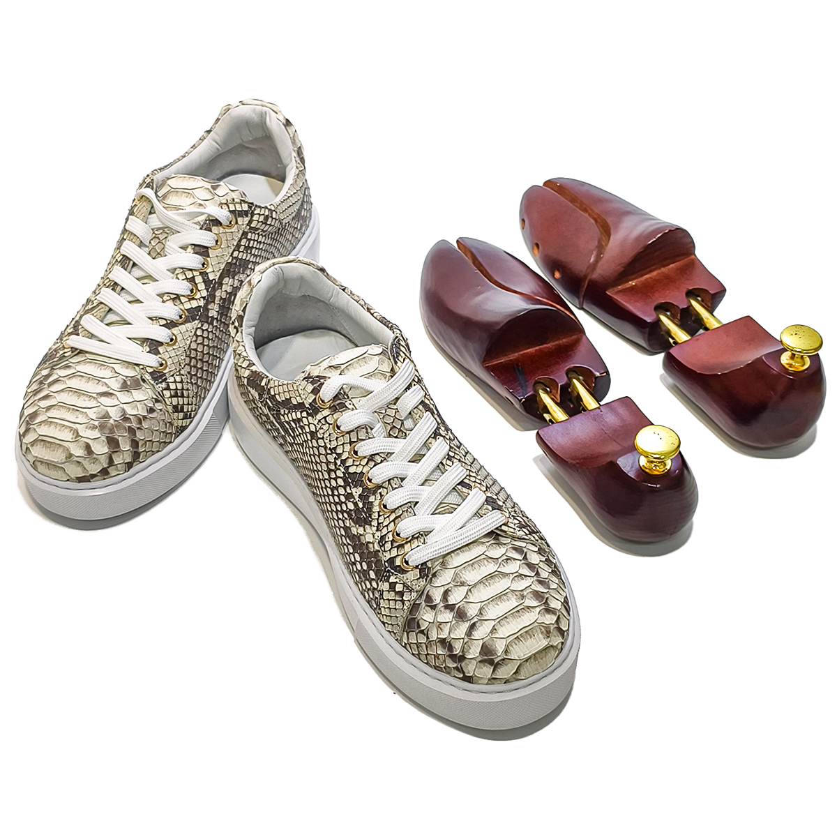 Handmade Genuine Python Leather Sneakers, Beige-Brown Pattern Shoes