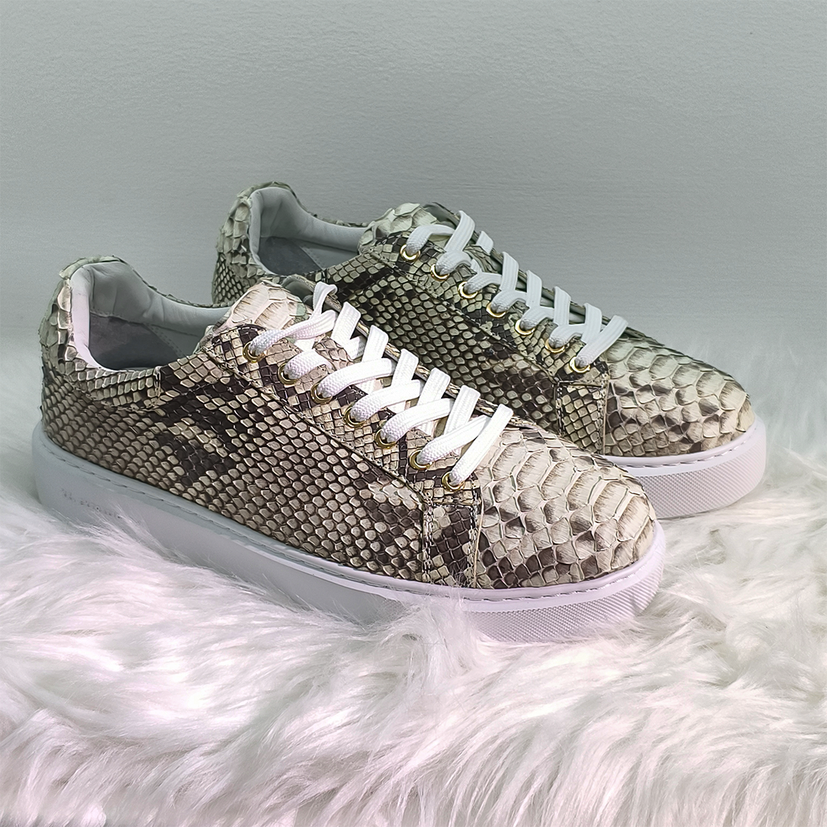 Handmade Genuine Python Leather Sneakers, Beige-Brown Pattern Shoes
