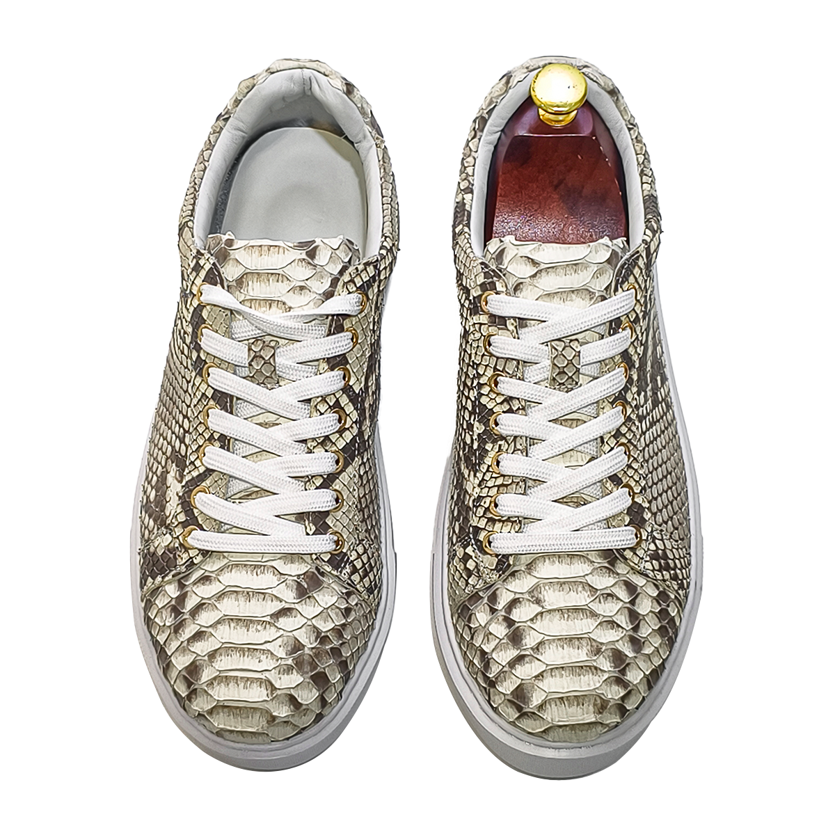 Handmade Genuine Python Leather Sneakers, Beige-Brown Pattern Shoes