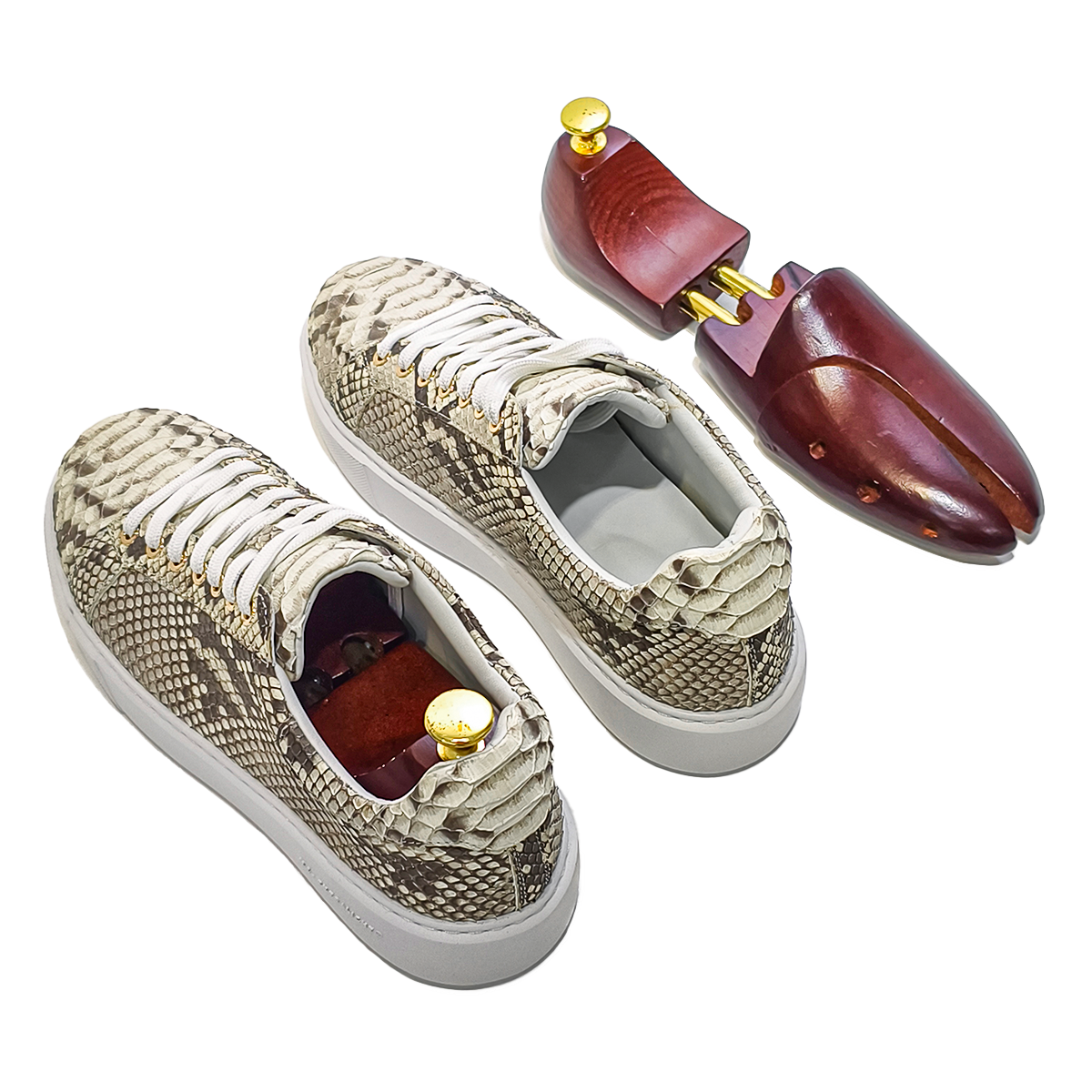 Handmade Genuine Python Leather Sneakers, Beige-Brown Pattern Shoes