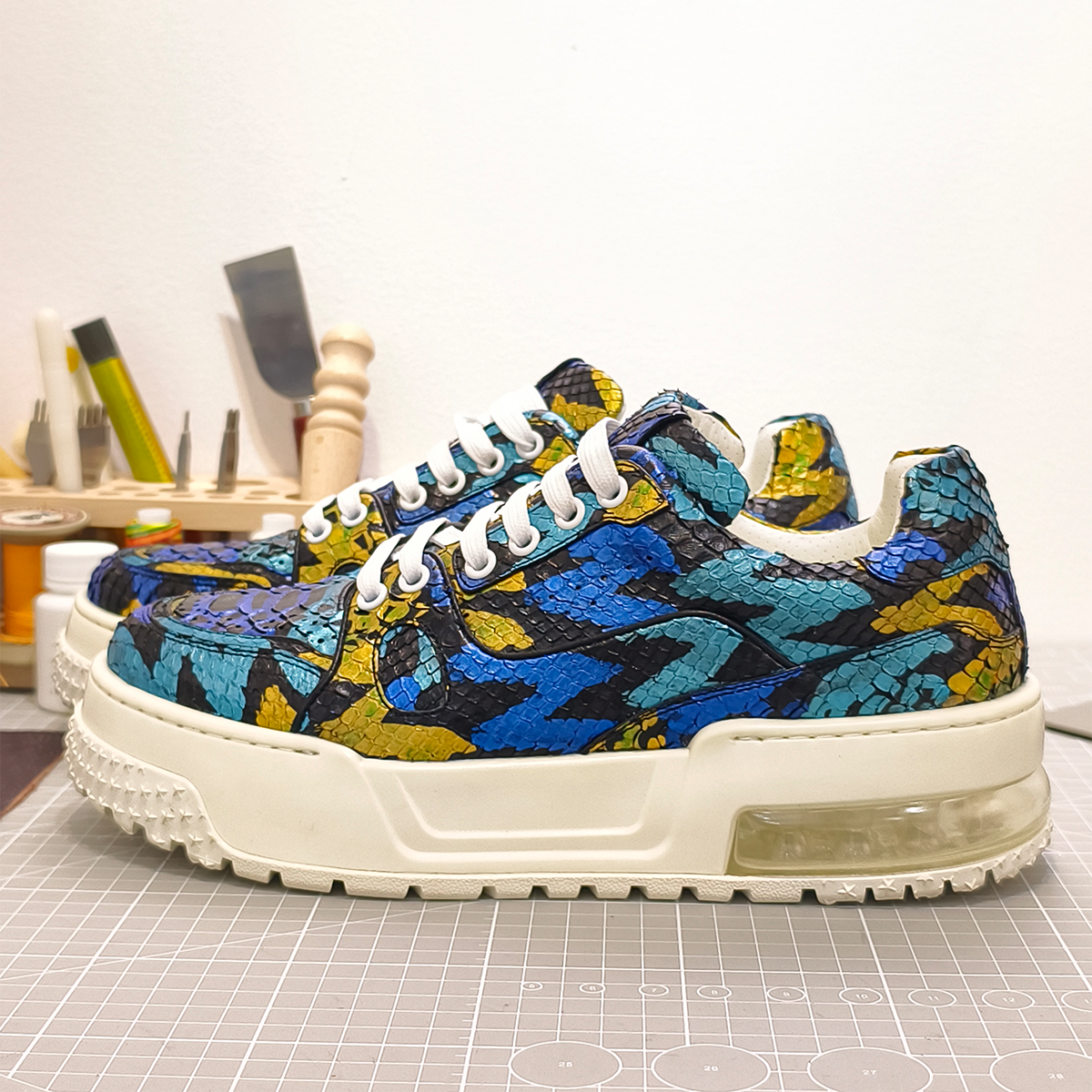 Handmade Genuine Python Leather Sneakers, Vibrant Painted Design with Air Cushion Sole