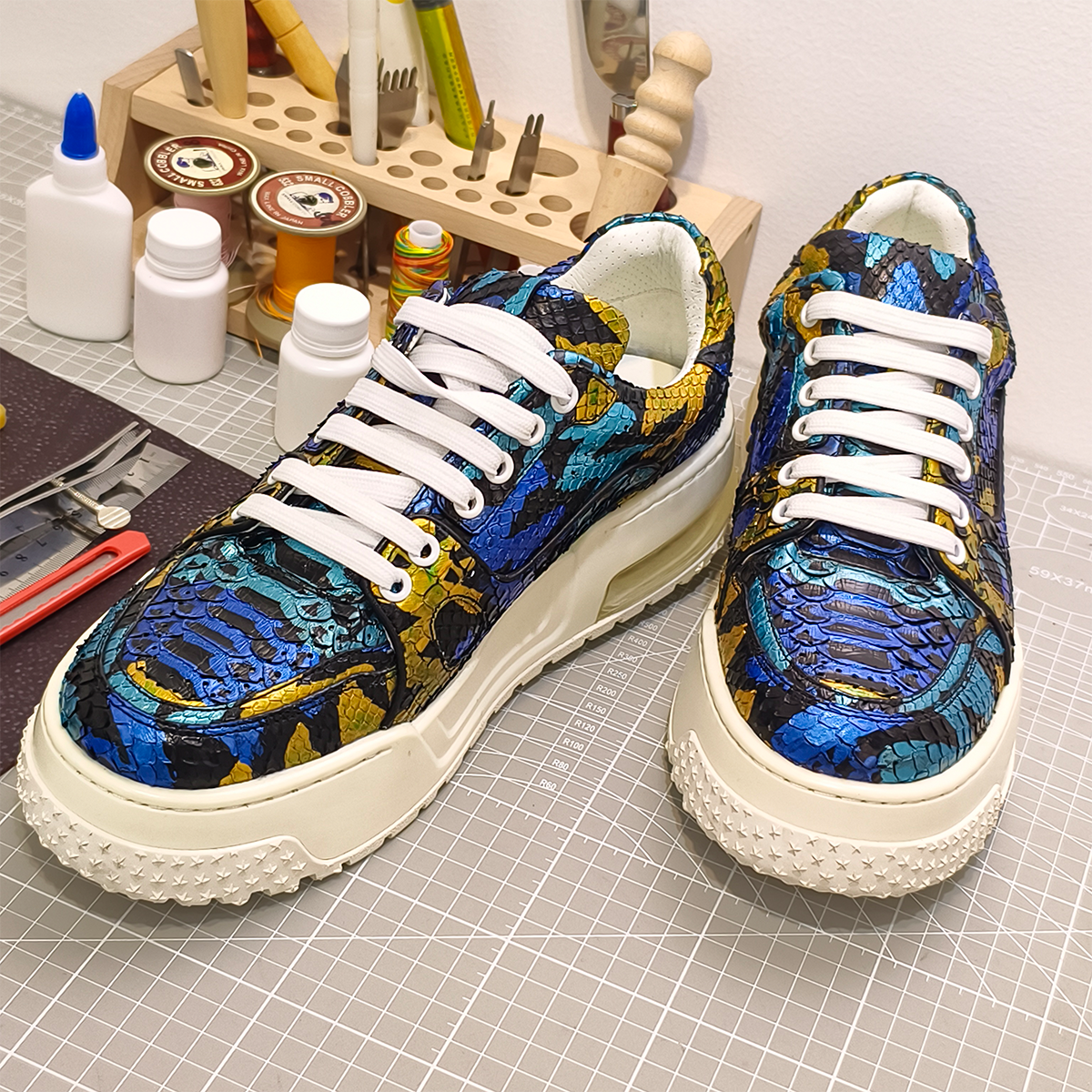 Handmade Genuine Python Leather Sneakers, Vibrant Painted Design with Air Cushion Sole