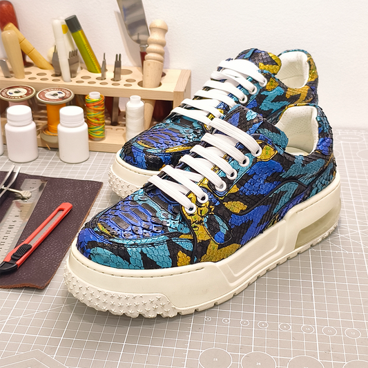Handmade Genuine Python Leather Sneakers, Vibrant Painted Design with Air Cushion Sole