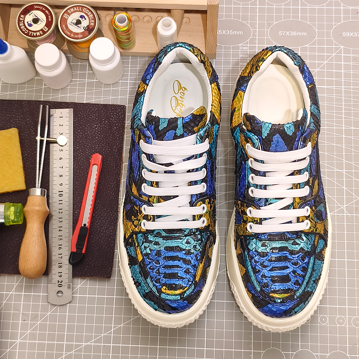Handmade Genuine Python Leather Sneakers, Vibrant Painted Design with Air Cushion Sole