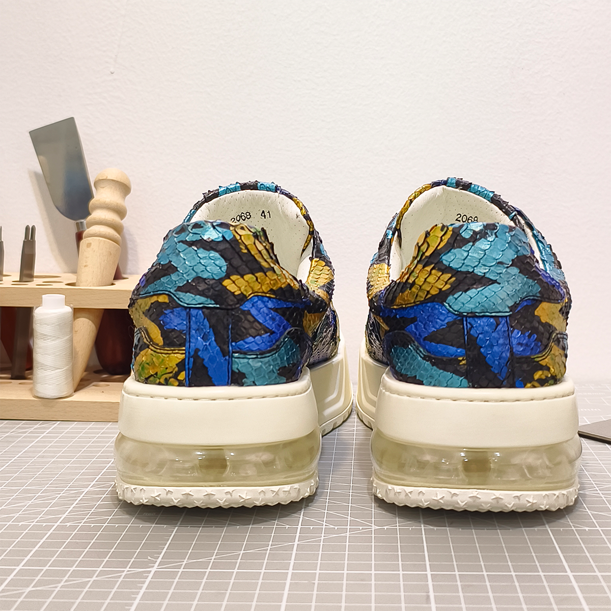 Handmade Genuine Python Leather Sneakers, Vibrant Painted Design with Air Cushion Sole