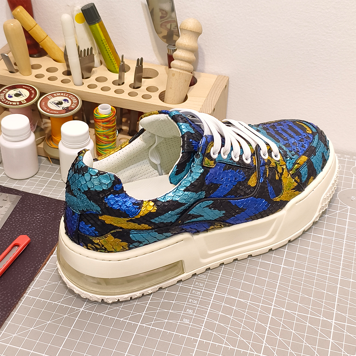 Handmade Genuine Python Leather Sneakers, Vibrant Painted Design with Air Cushion Sole