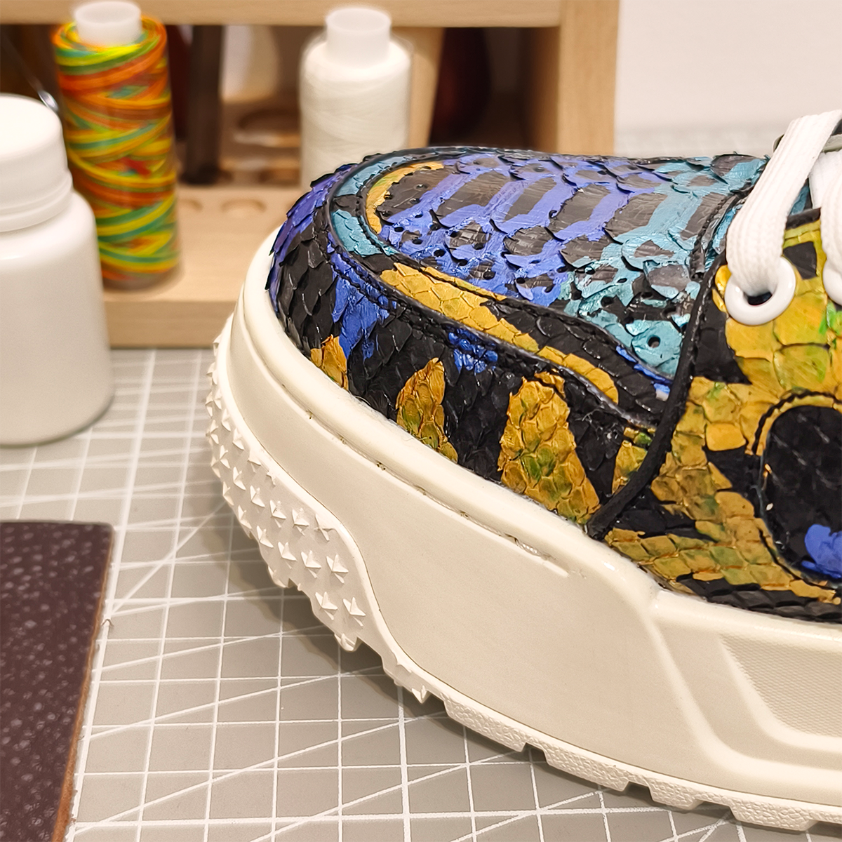 Handmade Genuine Python Leather Sneakers, Vibrant Painted Design with Air Cushion Sole