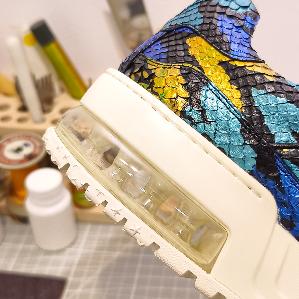 Handmade Genuine Python Leather Sneakers, Vibrant Painted Design with Air Cushion Sole