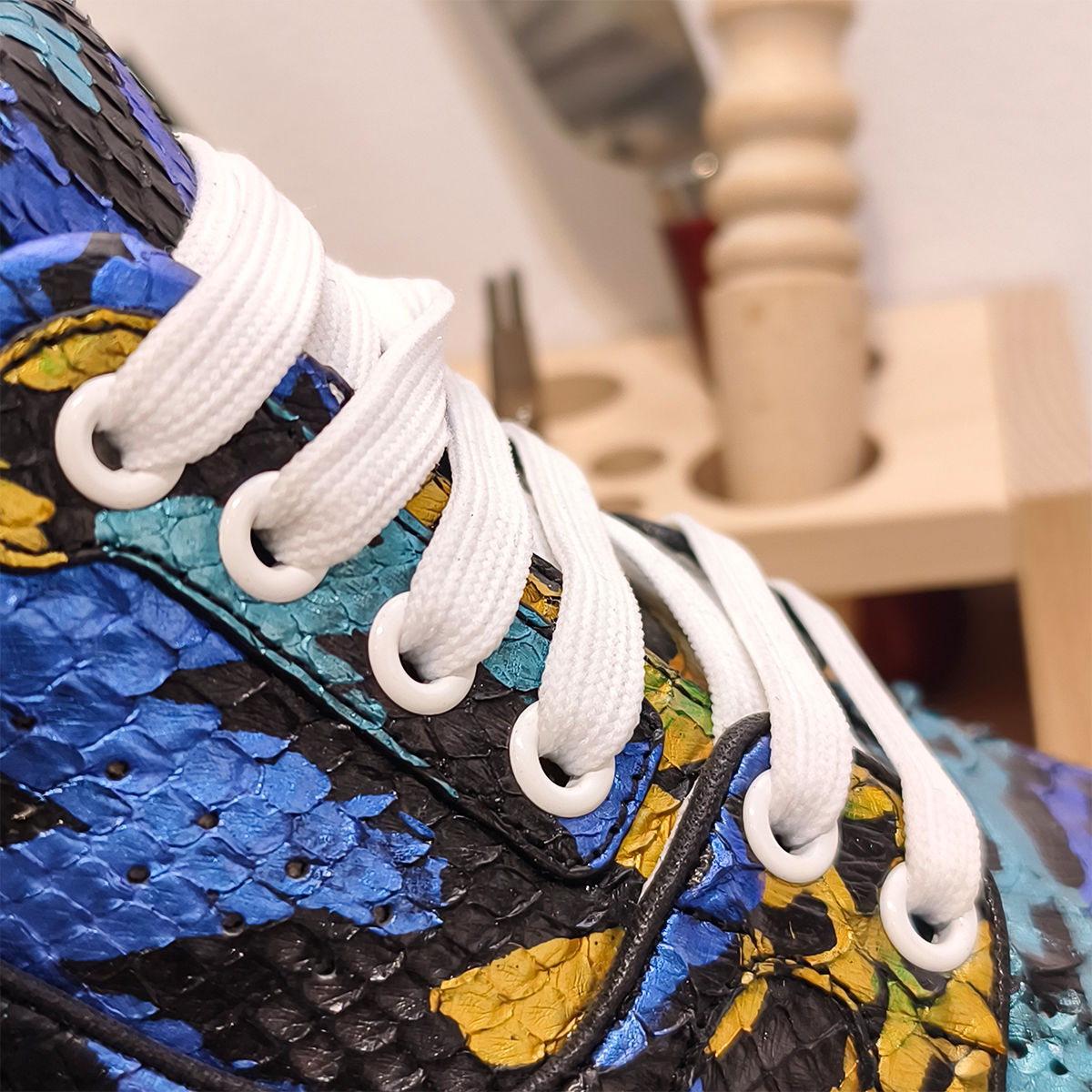 Handmade Genuine Python Leather Sneakers, Vibrant Painted Design with Air Cushion Sole