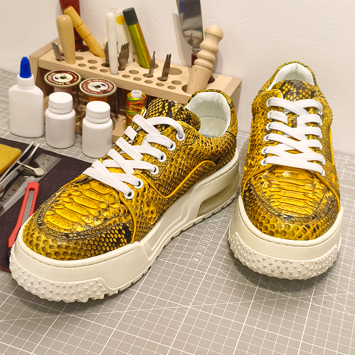 Handmade Genuine Python Leather Sneakers, Luxe Gold Painted Shoes Design with Air Cushion Sole