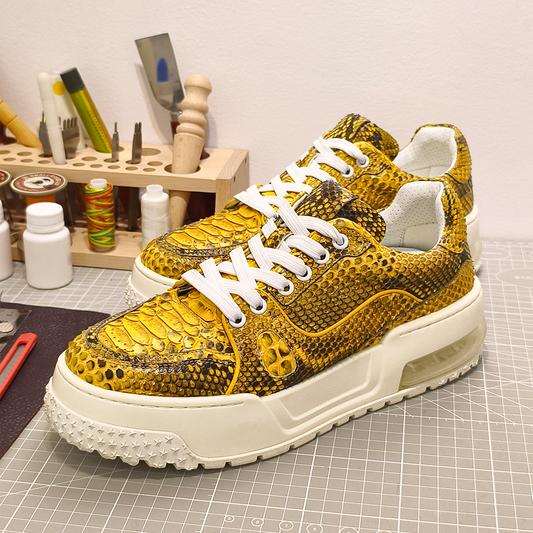 Handmade Genuine Python Leather Sneakers, Luxe Gold Painted Shoes Design with Air Cushion Sole