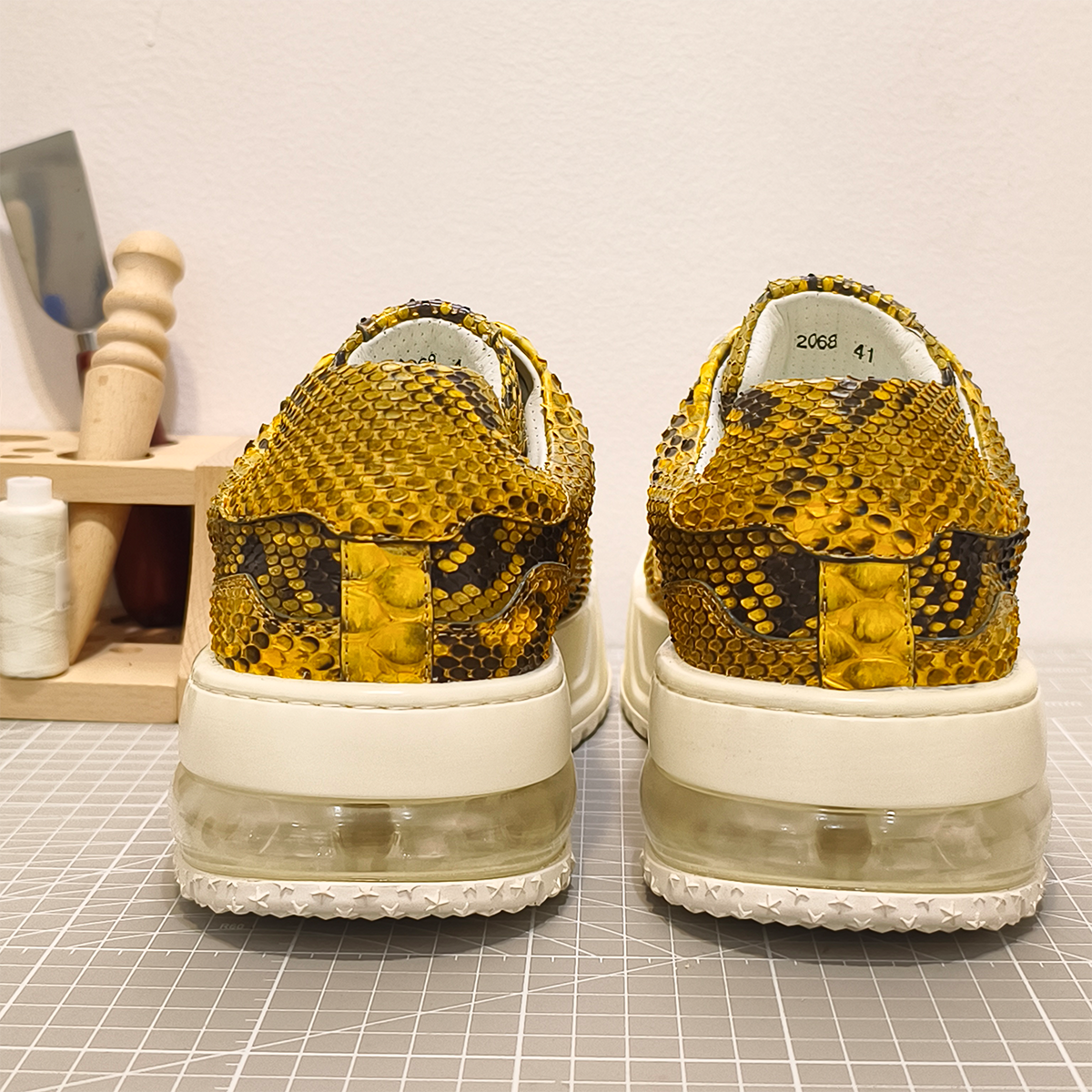 Handmade Genuine Python Leather Sneakers, Luxe Gold Painted Shoes Design with Air Cushion Sole