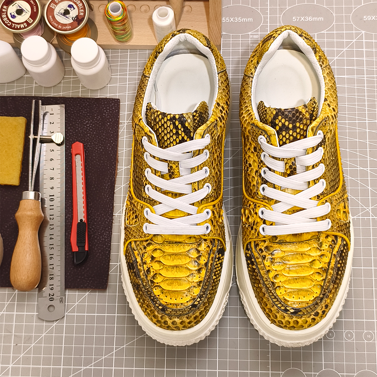 Handmade Genuine Python Leather Sneakers, Luxe Gold Painted Shoes Design with Air Cushion Sole