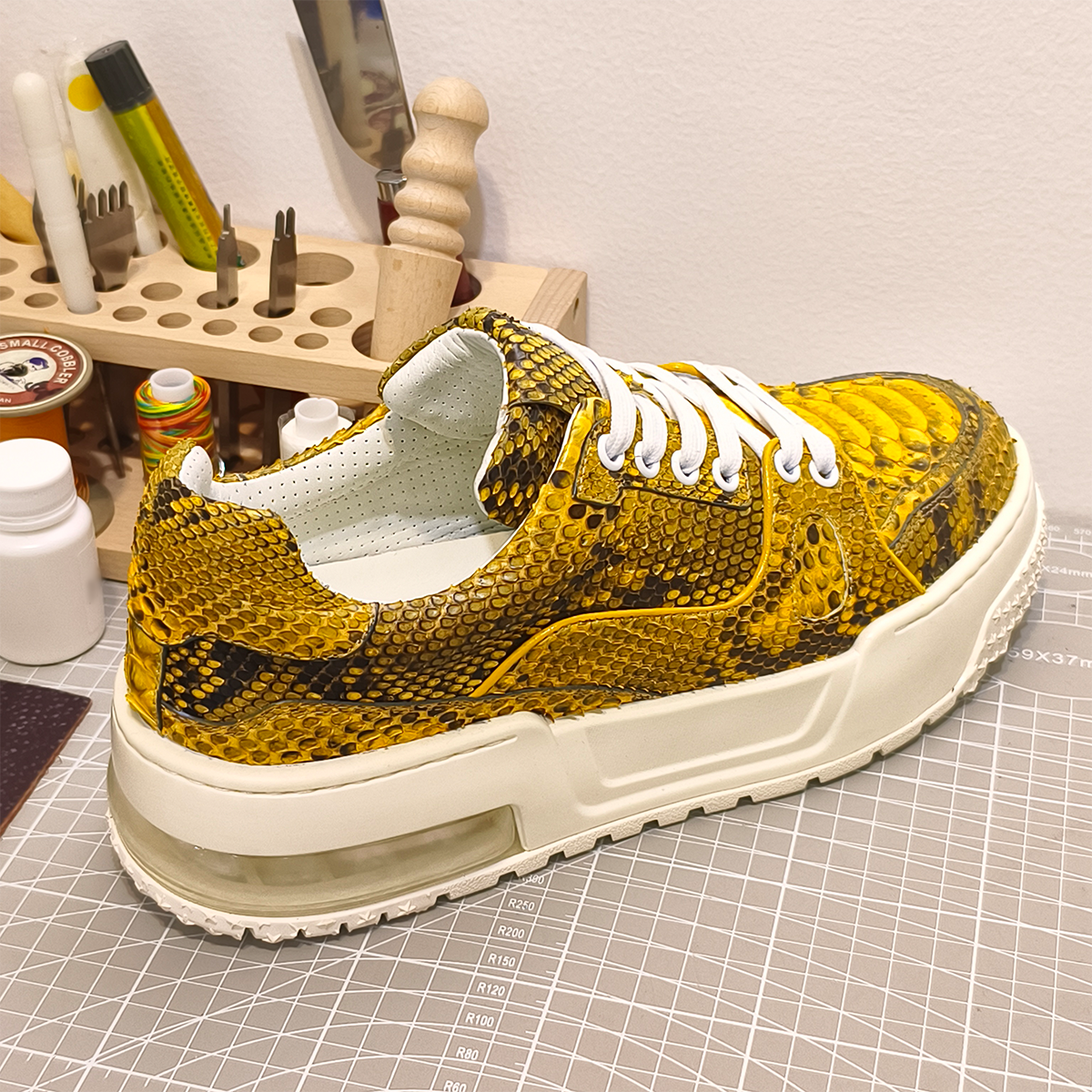 Handmade Genuine Python Leather Sneakers, Luxe Gold Painted Shoes Design with Air Cushion Sole