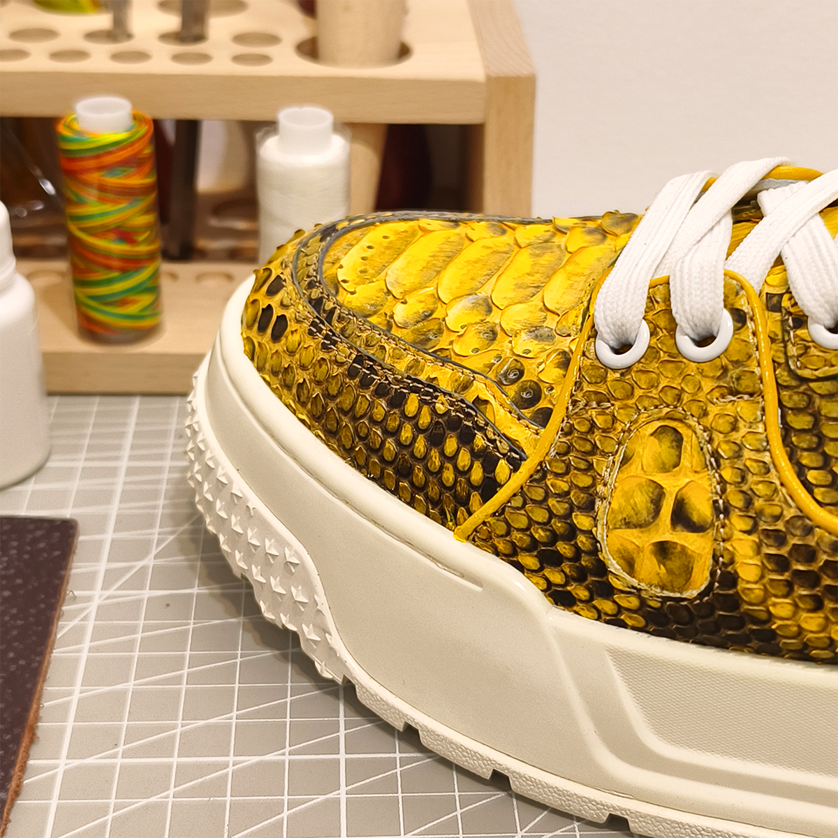 Handmade Genuine Python Leather Sneakers, Luxe Gold Painted Shoes Design with Air Cushion Sole