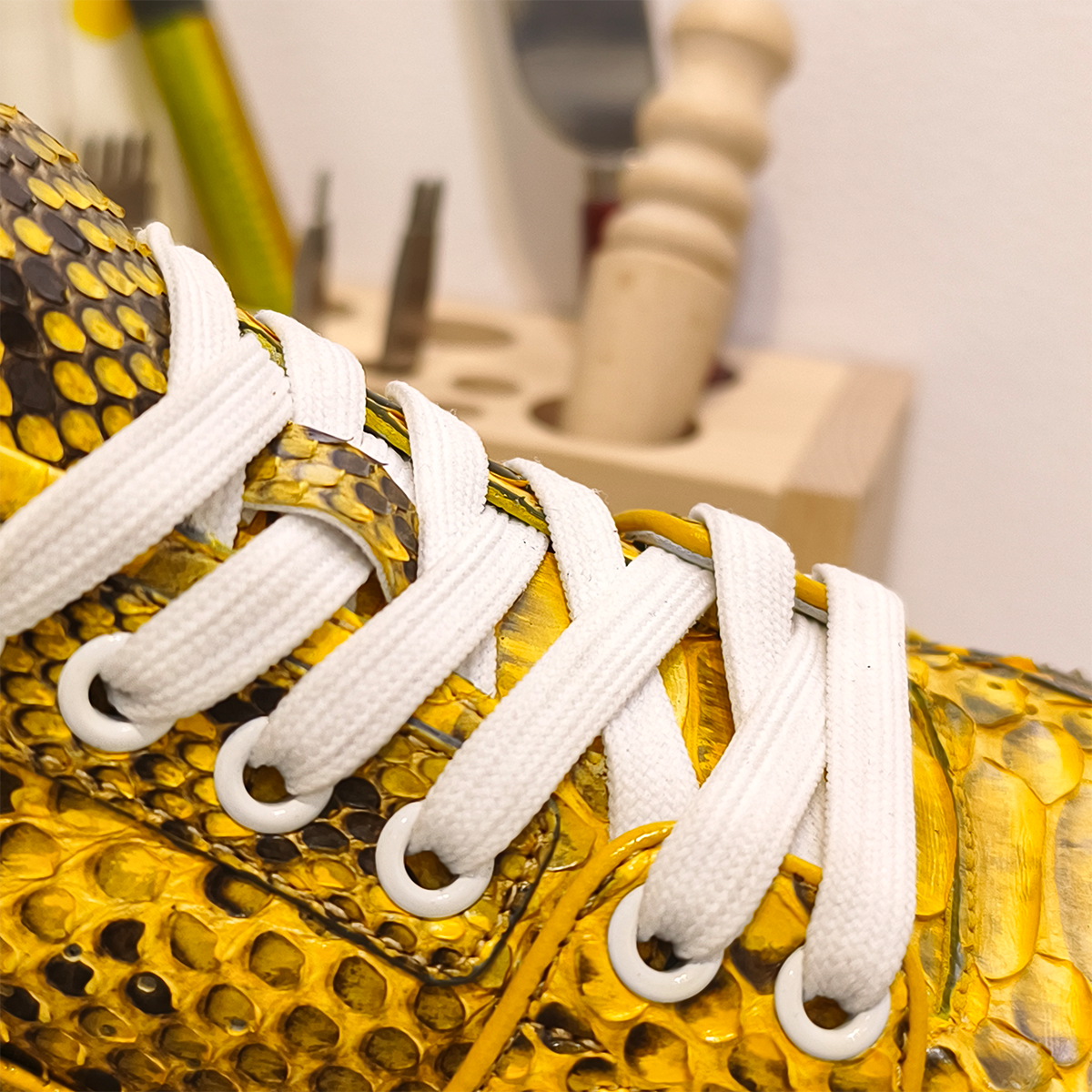 Handmade Genuine Python Leather Sneakers, Luxe Gold Painted Shoes Design with Air Cushion Sole