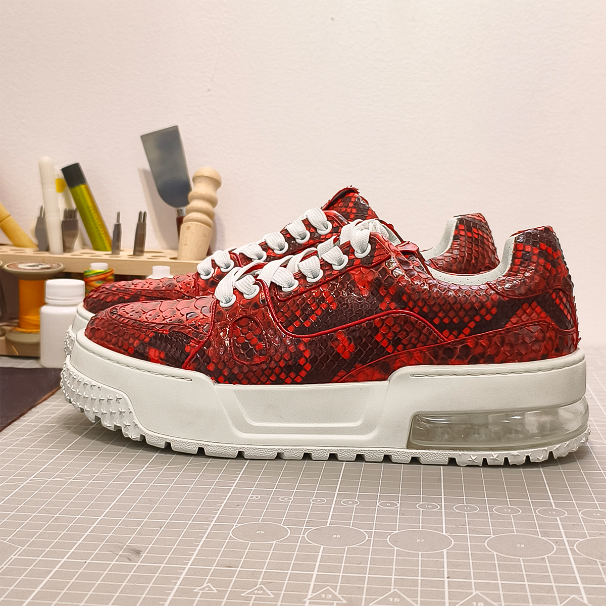 Handmade Genuine Python Leather Sneakers, Bold Red Painted Shoes Design with Air Cushion Sole