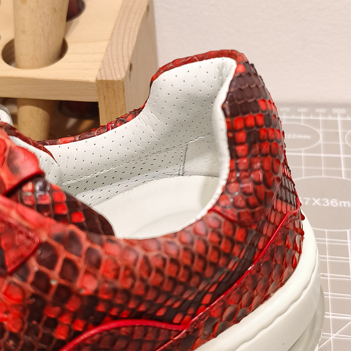 Handmade Genuine Python Leather Sneakers, Bold Red Painted Shoes Design with Air Cushion Sole
